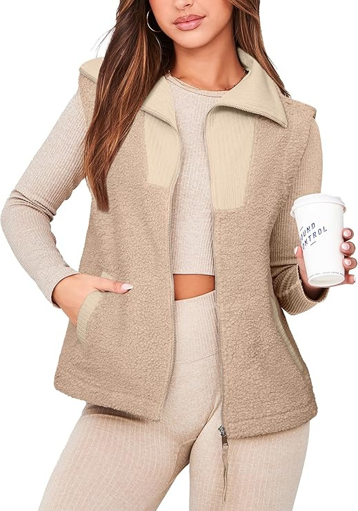 Glamaker Womens Fleece Vest Top Sleeveless Fuzzy Zip Up V Neck Sherpa Jacket Casual Outwear with ... | Amazon (US)