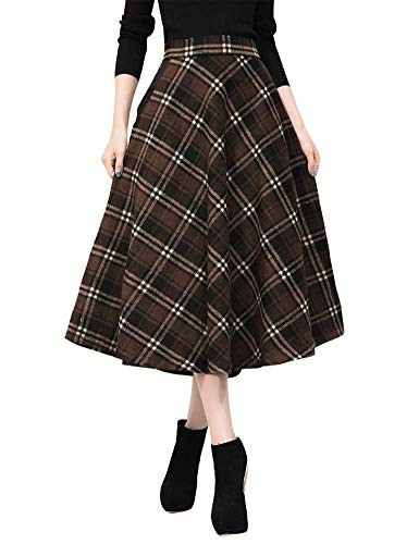 Midi Skirt for Women Fall Fashion 2023 Outfits Winter Clothes Wool Tweed Flannel High Waisted Plaid Pleated Brown Long Skirts(Mid-Calf Coffee, Large) | Amazon (US)