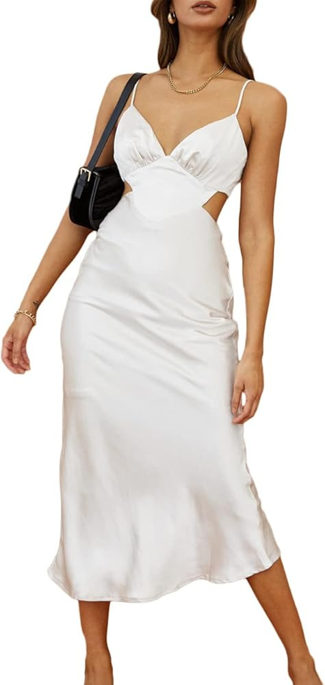 Women's Fall Satin Backless Maxi Dress Silk Cut Out V Neck Slip Tie Back Formal Cocktail Midi Dre... | Amazon (US)