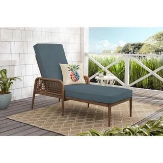 Hampton Bay Coral Vista Brown Wicker Outdoor Patio Chaise Lounge with Sunbrella Denim Blue Cushio... | The Home Depot