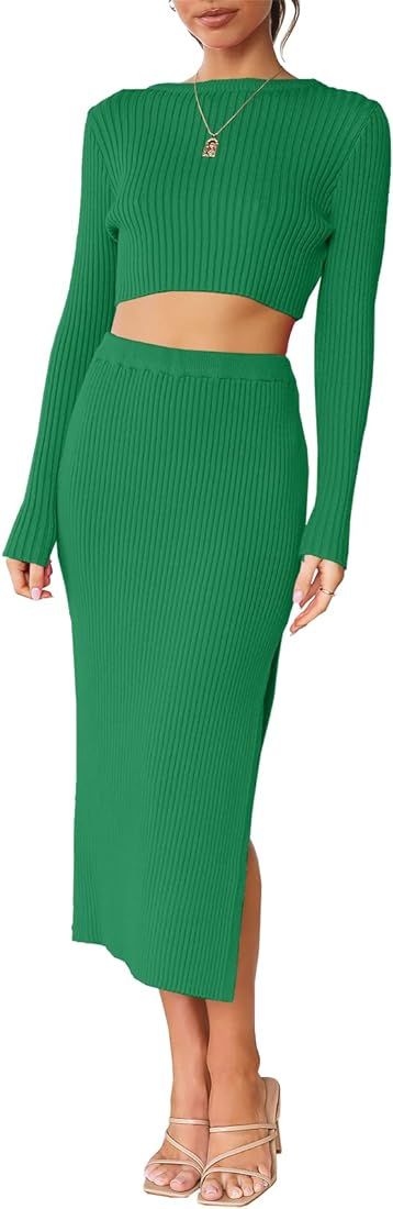 ANRABESS Women's 2 Piece Outfits Dress Fall Long Sleeve Casual Crop Sweater Top & Ribbed Knit Mid... | Amazon (US)