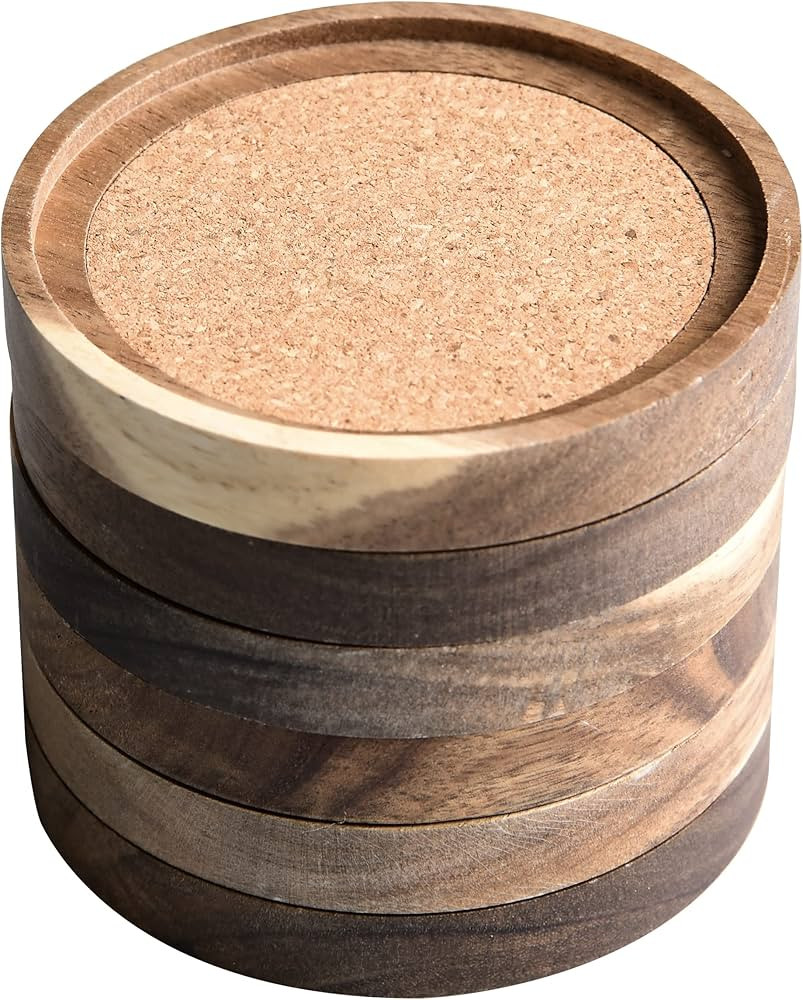 Acacia Wood Coasters for Drinks, 4.13 Inch, Set of 6, Absorbent and Insulation Cork Stackable Cup... | Amazon (US)