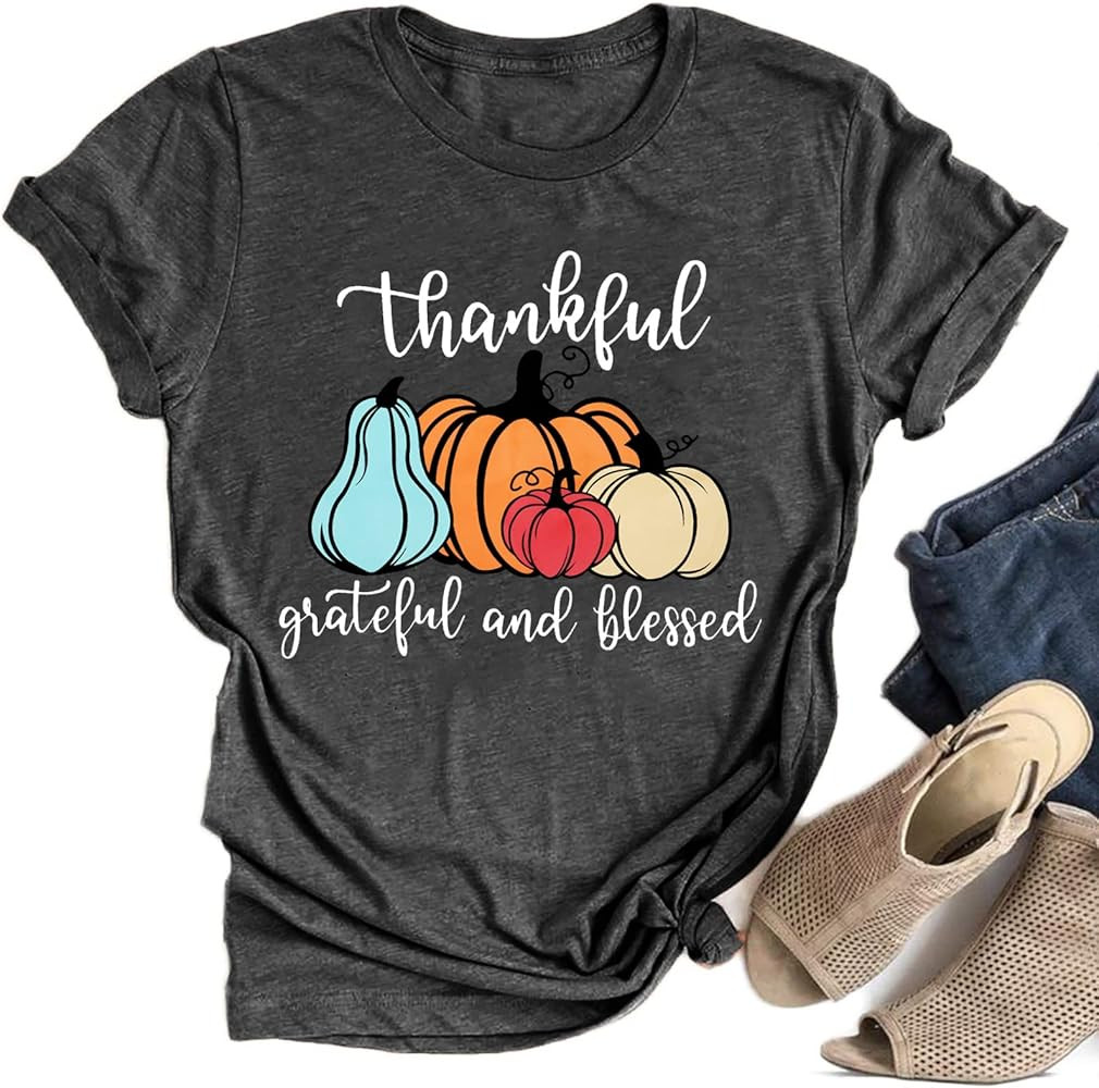 Womens Thankful Grateful Blessed Shirt Thanksgiving Pumpkin Tee Shirts Grateful Fall Short Sleeve | Amazon (US)