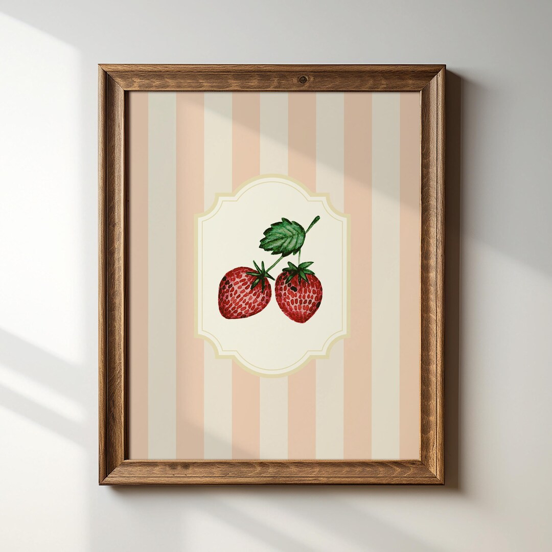 Pink Striped Strawberries Illustration Print, Digital Download Art Print, Wall Art, Trendy Decor,... | Etsy (US)