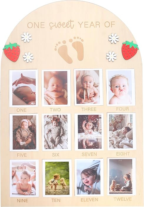 Baby Girl One Sweet Year Of Photo Board，Strawberry 1st Birthday Photo Board，Wooden Milestone ... | Amazon (US)