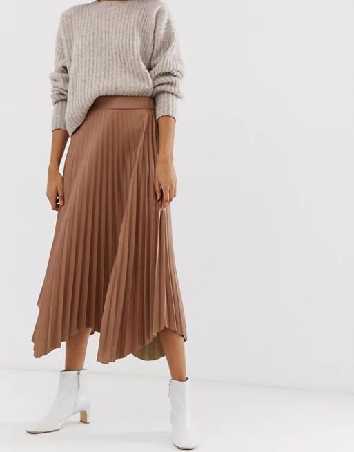 ASOS DESIGN leather look pleated midi skirt with curved hem | ASOS IE
