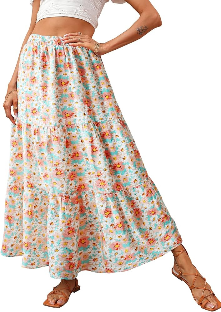 KIRUNDO Maxi Skirts for Women 2026 Summer Boho Floral High Waist Casual Flowy Long Skirt Beach Va... | Amazon (US)