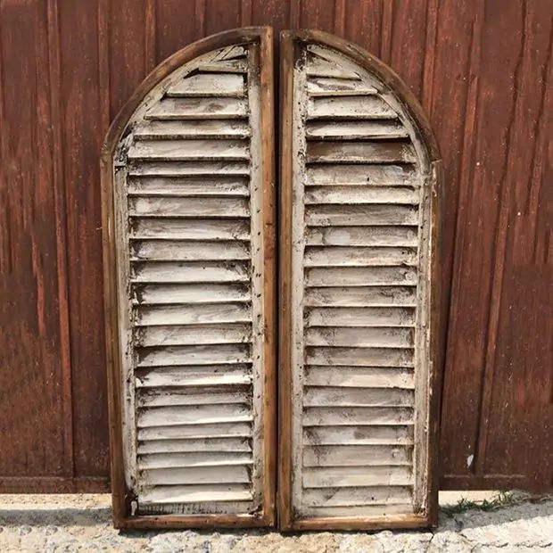 Whitewashed Wood Arched Shutter Set of 2 | Antique Farm House