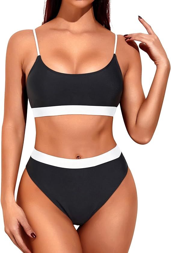 Tempt Me Two Piece High Waisted Bikini Sporty Scoop Neck Swimsuits for Women High Cut Bathing Sui... | Amazon (US)