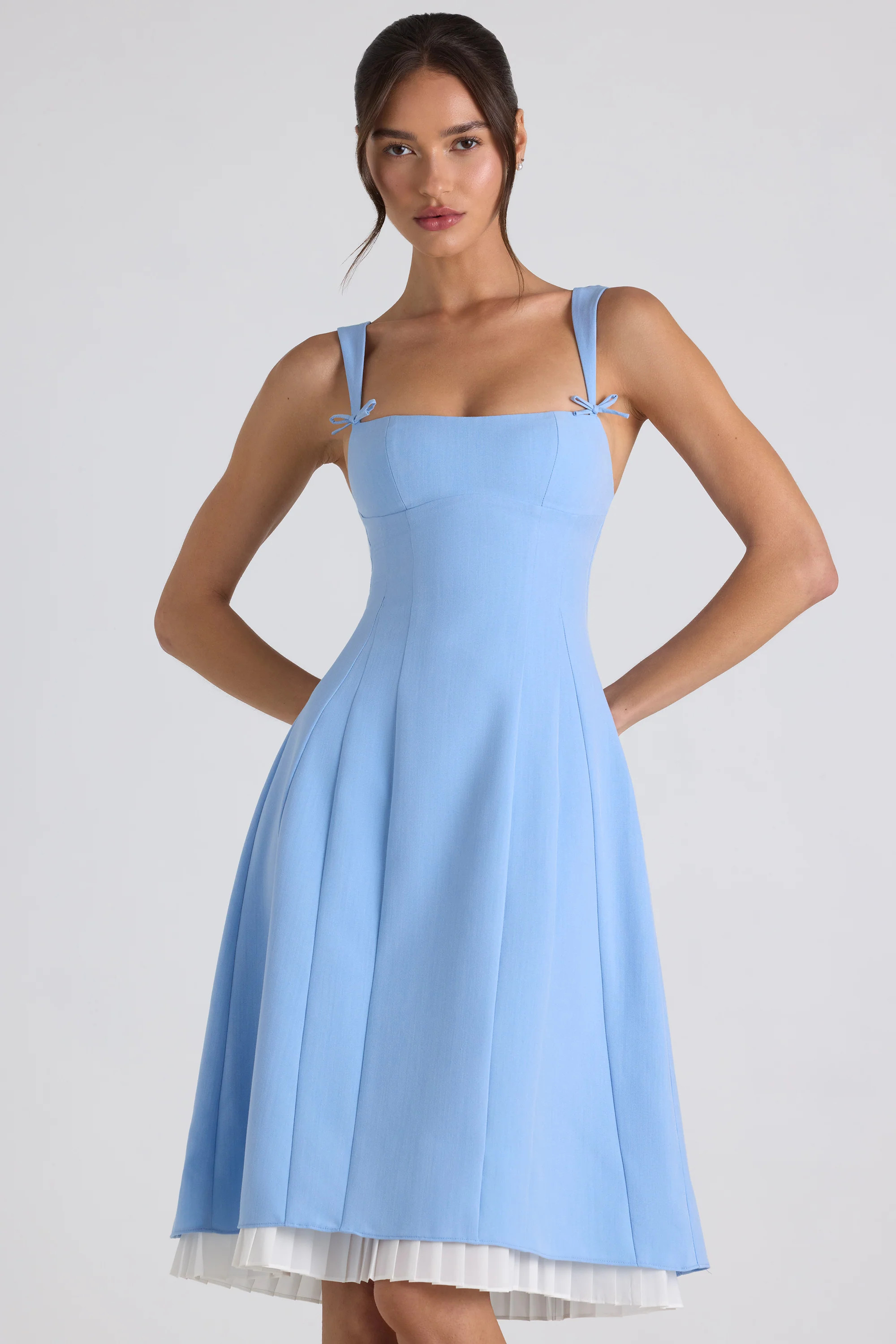 Bow-Embellished Pleated A-Line Midi Dress in Sky Blue | Oh Polly