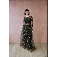 Black Embroidered Long Skirt & Top | Etsy (US)