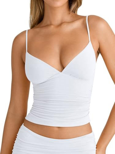 PINKMSTYLE White Spaghetti Strap Tank Top Tight Double Lined V Neck Slim Y2k Cami Tank Tops for Women Summer Sleeveless Shirts White Large | Amazon (US)