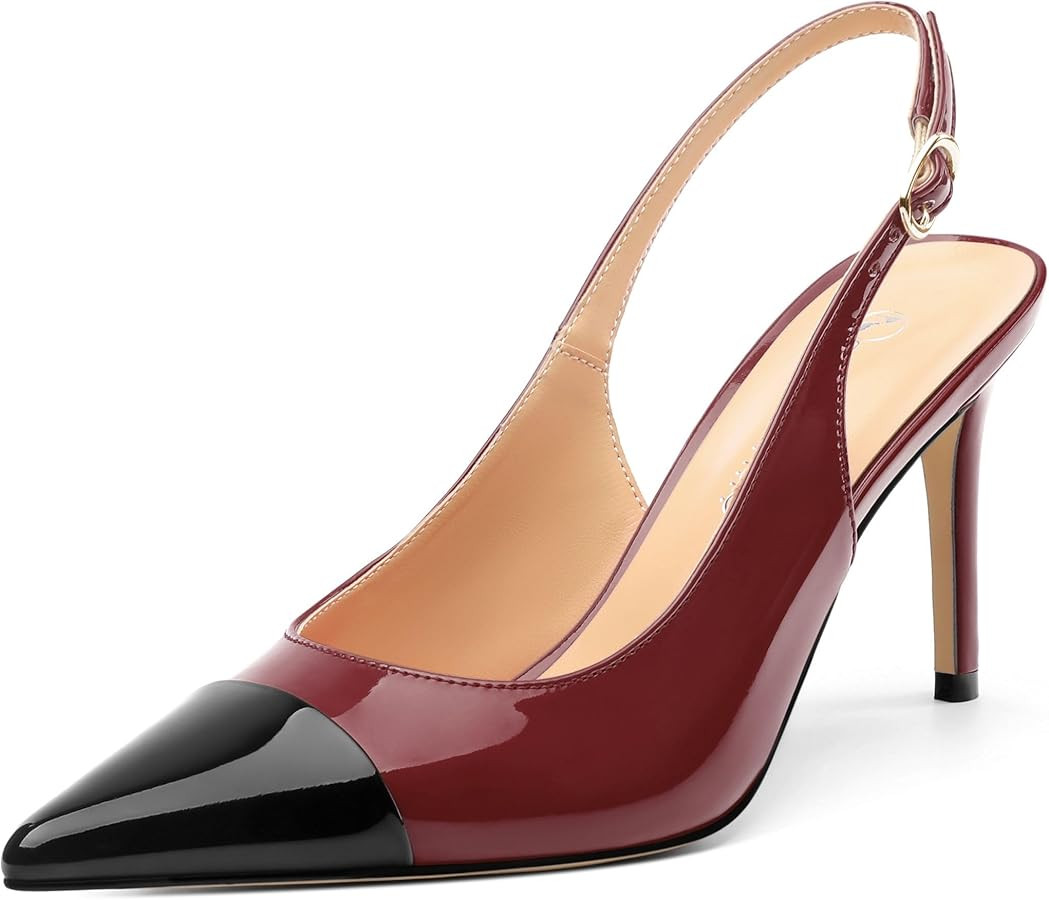Women's Slingback Kitten Heels Pointed Toe Pumps Cap Teo High Heel Shoes Two Tone Splicing Shoes ... | Amazon (US)