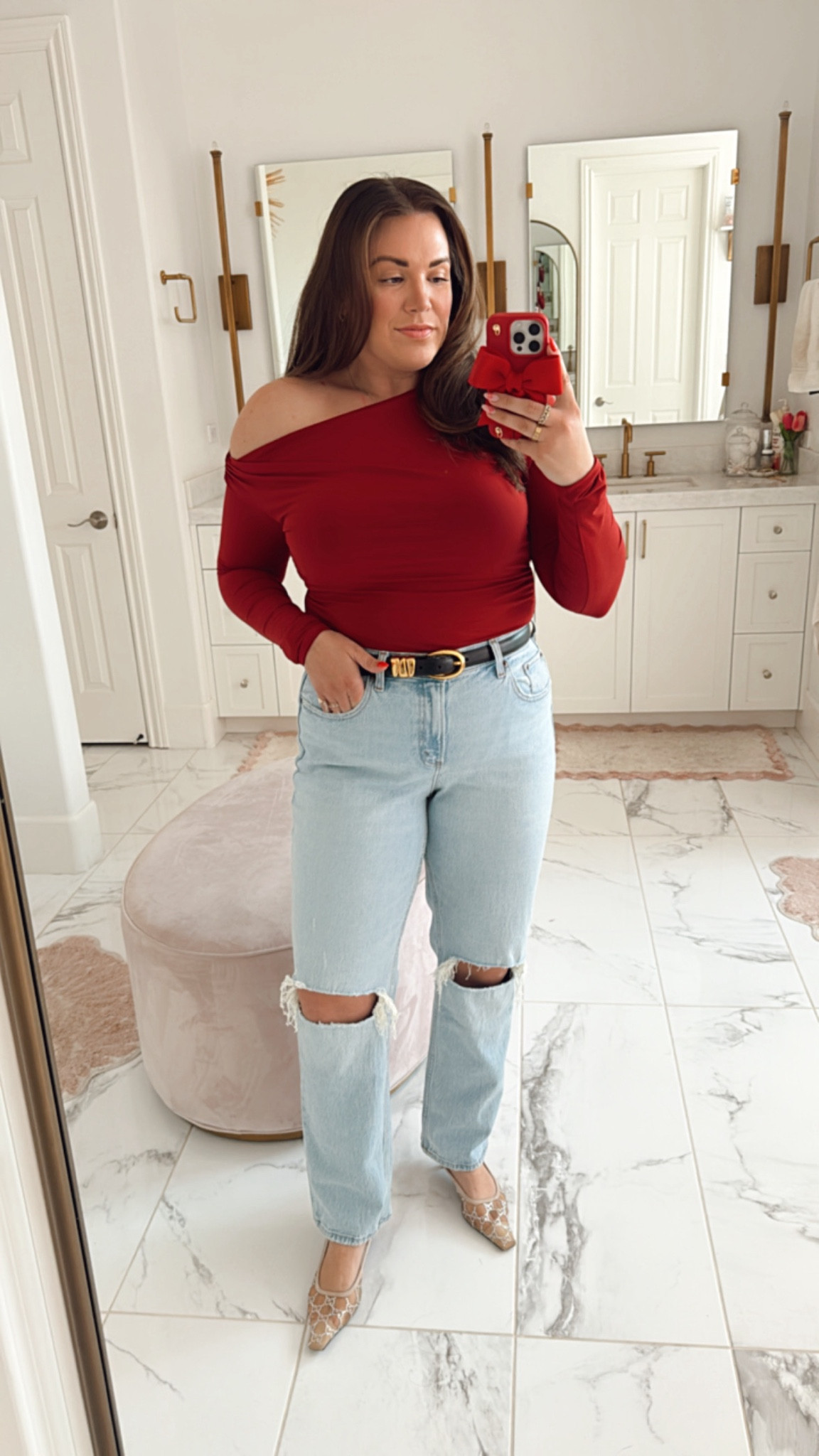 curvy casual Holiday look! wearing size large in red off the shoulder top and size 31 curve in light wash 90s denim 

#LTKFindsUnder100 #LTKMidsize #LTKHoliday