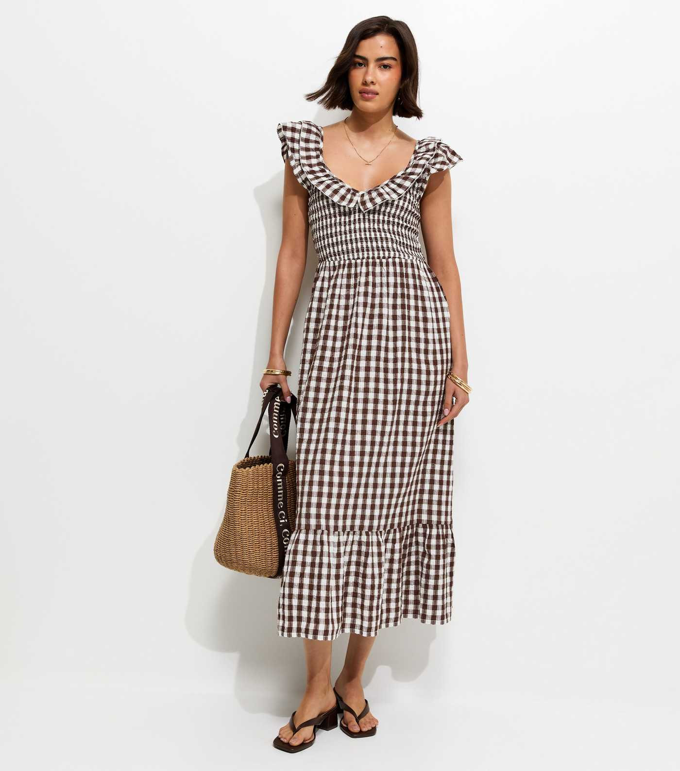 Brown Cotton Gingham Ruffled Neck Midi Dress | New Look | New Look (UK)