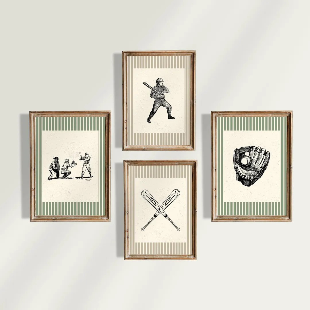 Vintage Baseball Sports Nursery & Kids Gallery Wall Art: Baseball Players, Bats, and Glove Sketch | Etsy (US)
