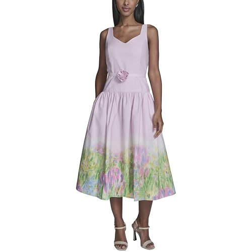 KARL LAGERFELD Paris Women's Sleeveless Drop Waist Midi Dress with Flower Applique Belt, Pink Sherbet/Tea Green Combo, 8 | Amazon (US)