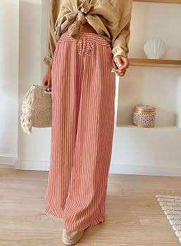 Acelitt Women Casual Drawstring Elastic Waist Striped Wide Leg Pants with Pockets, S-XXL | Amazon (US)