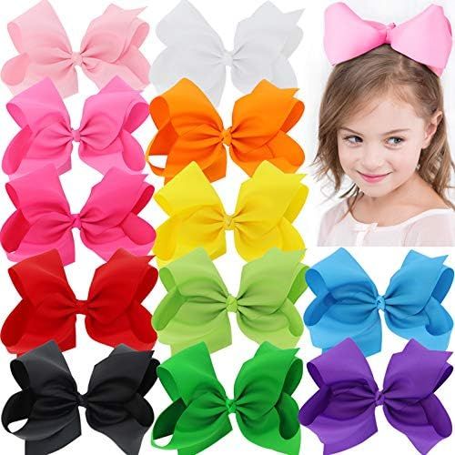 BIG 8 Inches Hair Bows For Girls Grosgrain Boutique Hair Bow Clips For Teens Kids Toddlers 12 Pcs | Amazon (US)