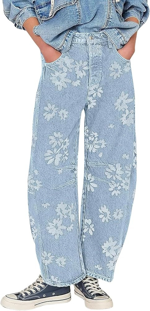 ebossy Women's Retro Floral Print Barrel Jeans Mid Rise Wide Leg Baggy Boyfriend Horseshoe Denim ... | Amazon (US)