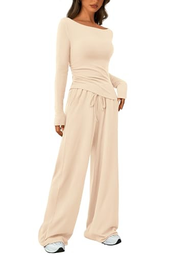 PRETTYGARDEN Women's 2 Piece Lounge Sets Asymmetrical Long Sleeve T Shirt Wide Leg Pants Casual Outfits Tracksuit (Beige,X-Large) | Amazon (US)