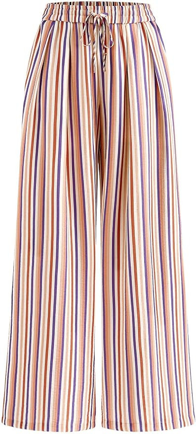 PRETTYGARDEN Womens Pants Elastic Waist Striped Lightweight Palazzo Pant | Amazon (US)