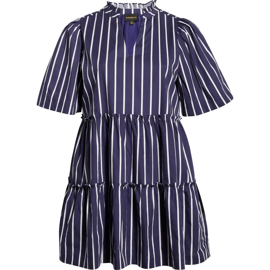 SUGARLIPS Stripe Split Neck Trapeze Dress in Navy-Wht-Stripe at Nordstrom, Size 1 X | Nordstrom