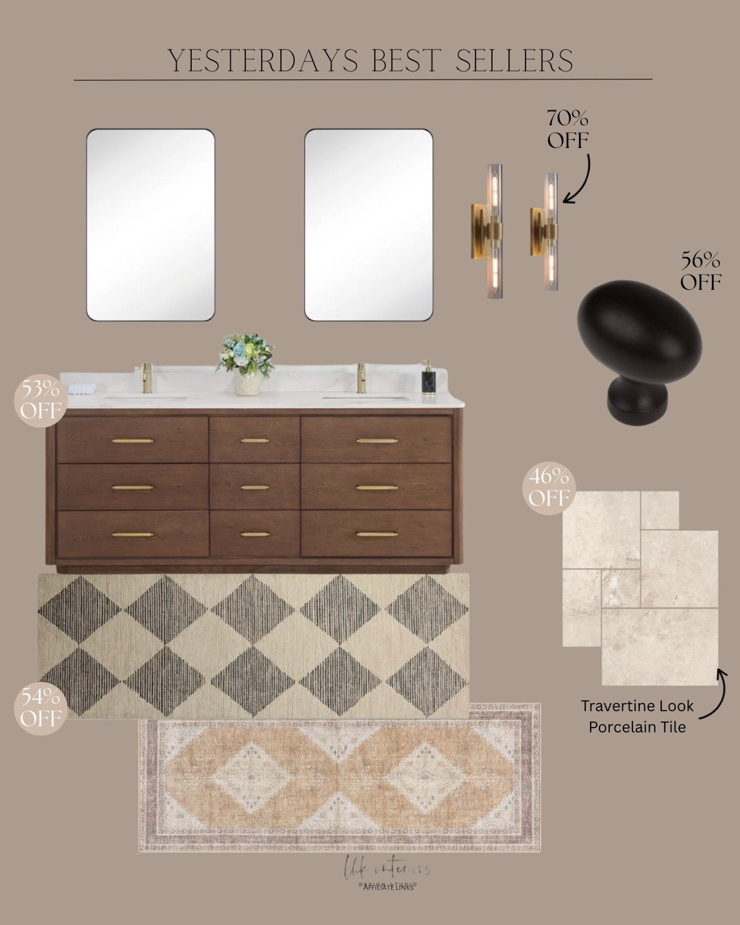 Yesterdays Best Sellers
Wall mirror / wall sconce / oven door knob / double bathroom vanity / runner / travertine look porcelain tile / 

#LTKHome #LTKFindsUnder100 #LTKSaleAlert