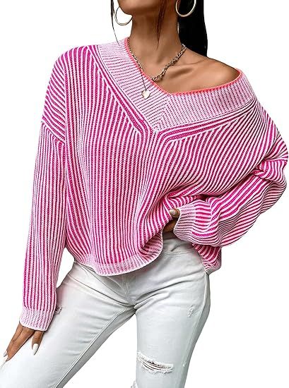 MakeMeChic Women's Oversized Striped V Neck Sweater Long Sleeve Knitted Pullover Top | Amazon (US)