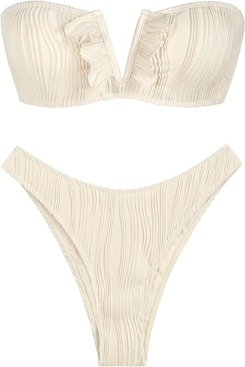 ZAFUL Women V-Wired Ruffle Ribbed Bandeau Bikini, Lace Up Bikinis Strapless Two Pieces Swimsuit | Amazon (US)