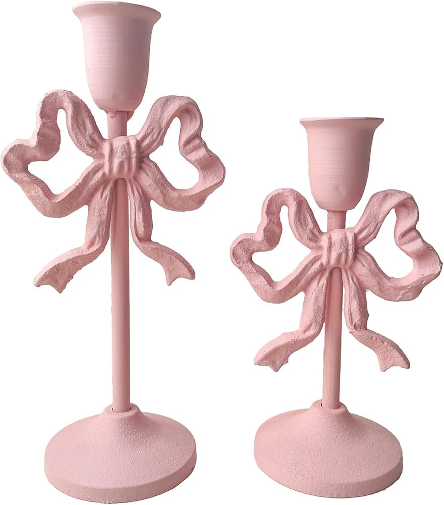 Pink Bow-Knot Iron Taper Candle Holder Set of 2,Pillar Candle Holders Decorative Candlestick Hold... | Amazon (US)