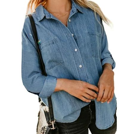 Sexy Dance Ladies Casual Solid Color Denim Blouse Shirts Women Elegant Jean Jackets Button Down Business Loose Tops With Pockets Lake Blue S | Walmart (US)
