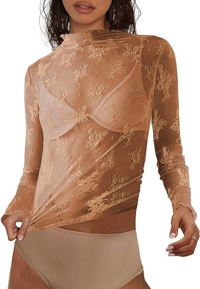 SENSERISE Womens Lace Layering Top Long Sleeve Tops Sheer Mesh Mock Neck Floral Embroidery See Th... | Amazon (US)