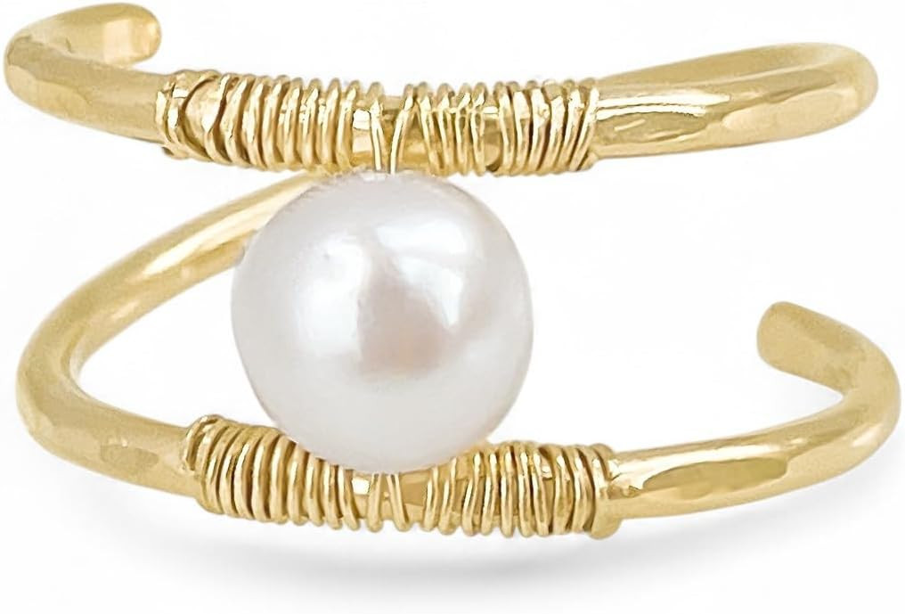 Custom Fit Double Banded Trendy Gold Ring. Choose Genuine Freshwater Pearl or Turquoise Bead. Wire Wrapped 14kt Yellow Gold Filled Real Gemstone Ring. Two Layer Handmade Personalized Artisan Ring. | Amazon (US)