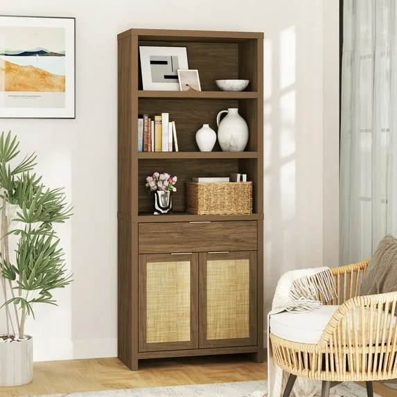 ARKANTOS Rattan 5 Shelf Bookcase with Doors Adjustable Shelf and Storage Cabinet Classic Walnut | Walmart (US)