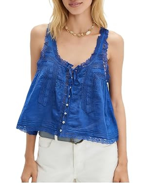 Women Boho Summer Lace Tank Top Tie Front Flowy Blouse Babydoll Y2k Western Button Down Shirt Bea... | Amazon (US)