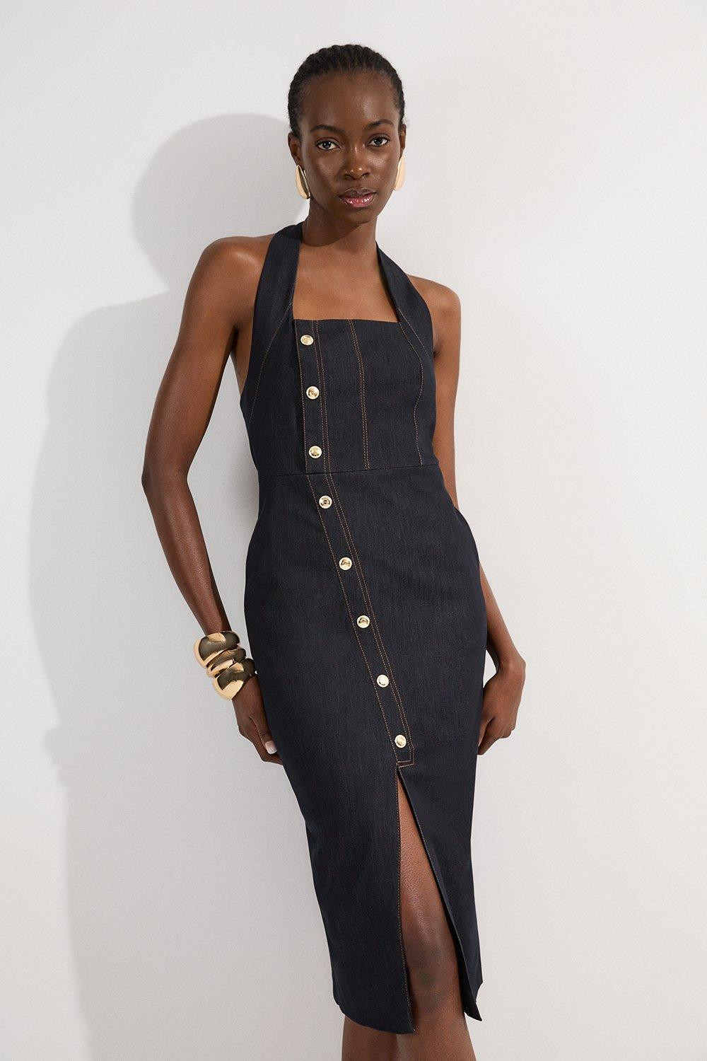 Tailored Denim Halter Neck Pencil Midi Dress | Karen Millen UK + IE + DE + NL