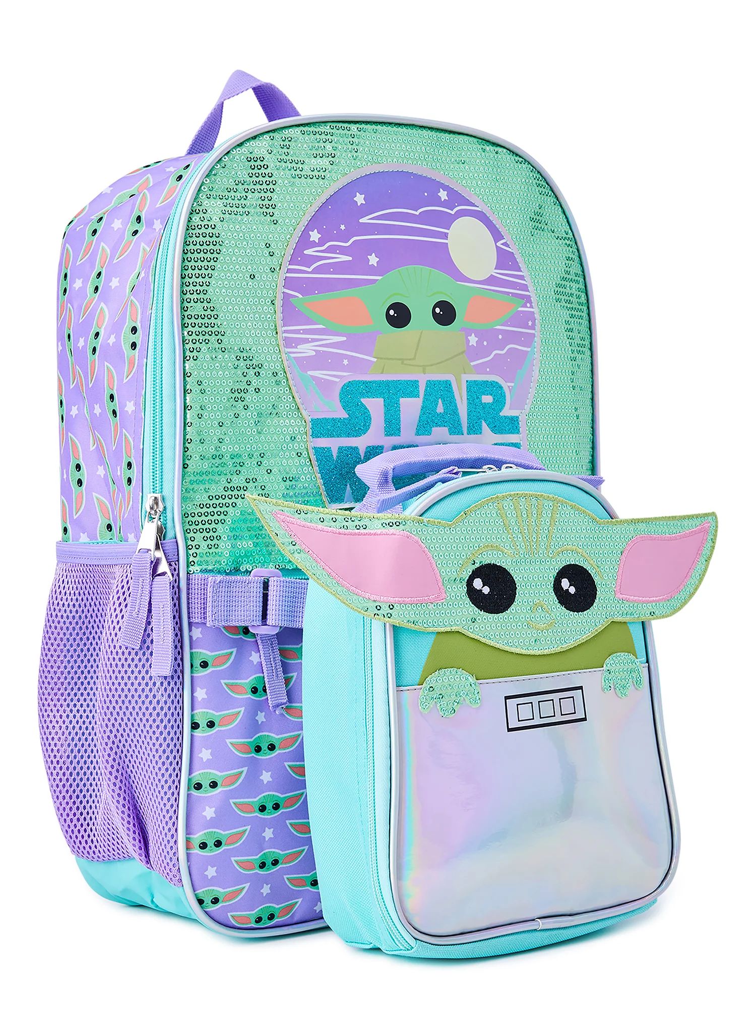 Star Wars Mandalorian Baby Yoda Girls 17" Laptop Backpack 2-Piece Set with Lunch Tote Bag, Purple... | Walmart (US)