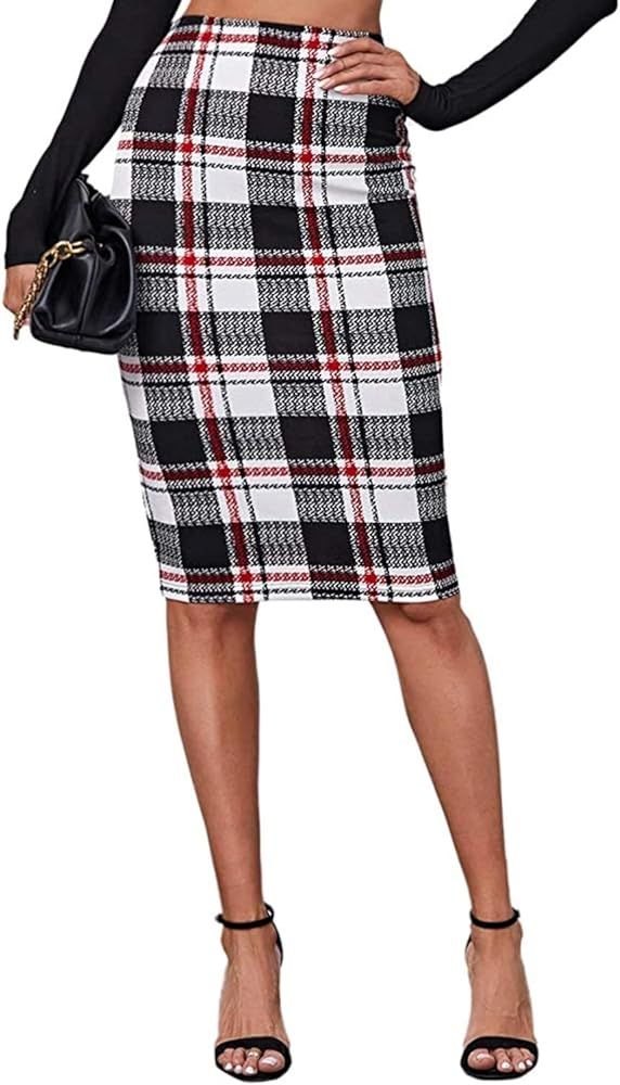 Floerns Women's Plaid Print High Waist Knee Length Bodycon Pencil Skirt | Amazon (US)