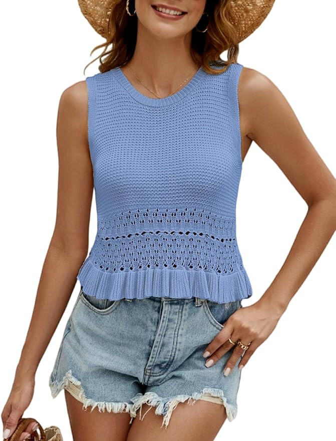 VIMPUNEC Womens Summer Crop Tank Tops Cute Knit Sweater Vest Crochet Sleeveless Pullover Top | Amazon (US)