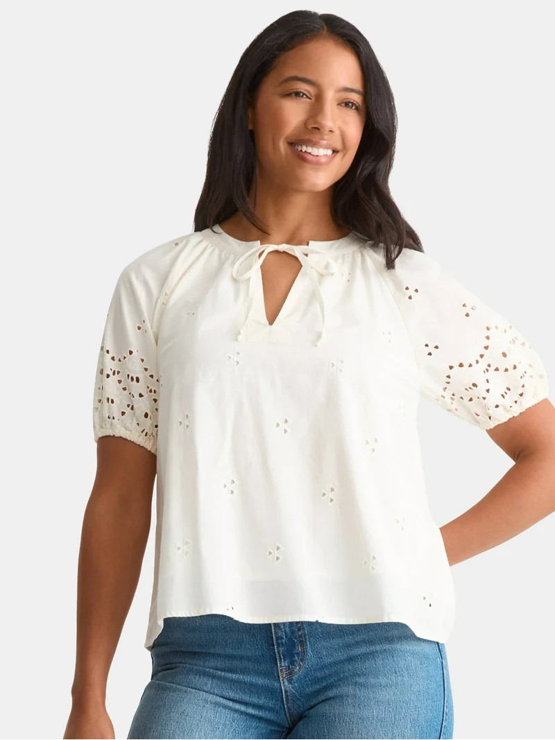 Time and Tru Women's Eyelet Top with Puff Sleeves, Sizes XS-XXXL | Walmart (US)