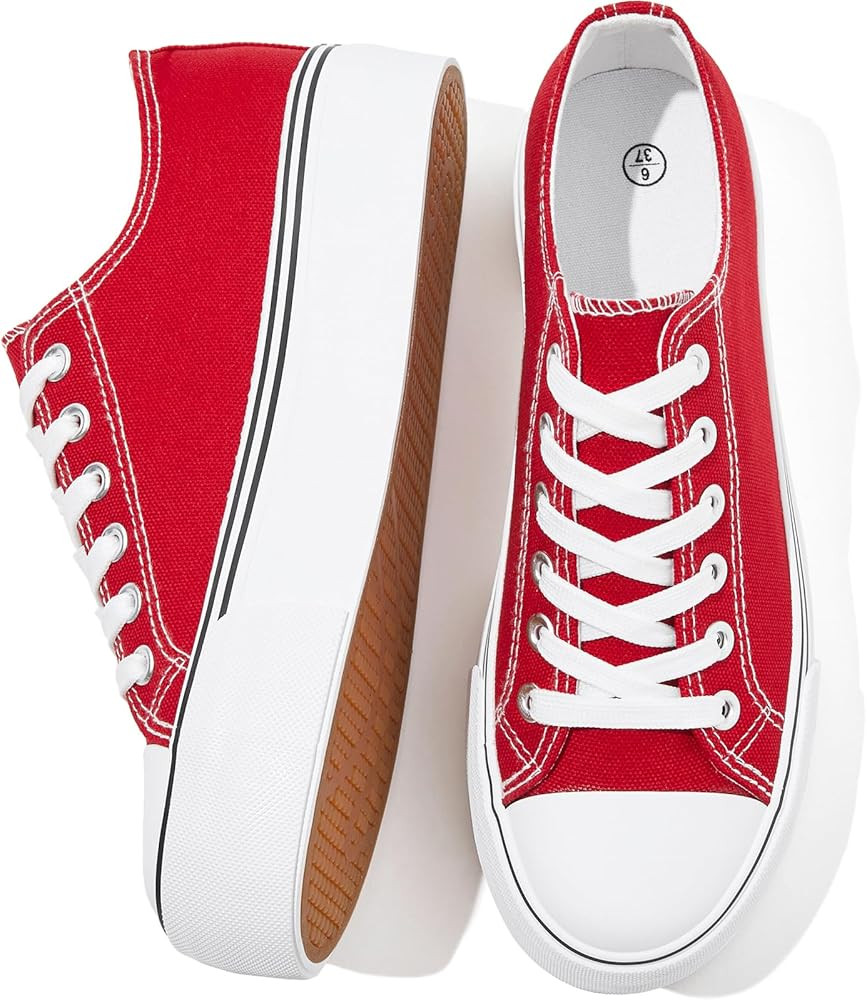 SERNIAL Womens White Platform Sneakers Low Top Platform Shoes Black Canvas Shoes for Women | Amazon (US)