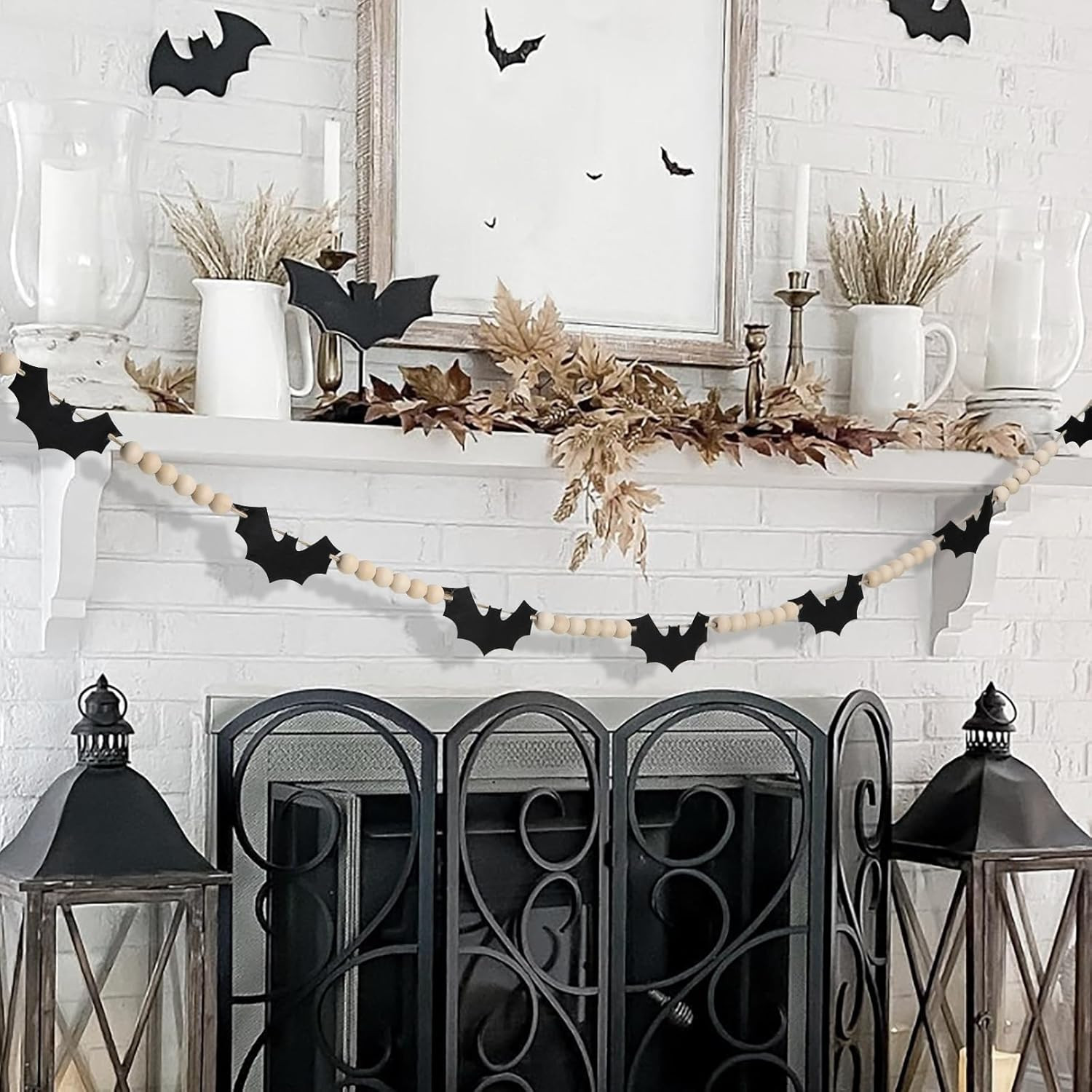 Halloween Decorations-Black Felt Bats Wood Beads Garland for Halloween Decorations Indoor- Farmho... | Amazon (US)