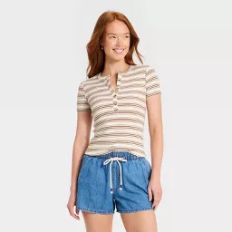 Women's Short Sleeve Split Neck Henley Shirt - Universal Thread\u2122 Multicolor Striped M | Target