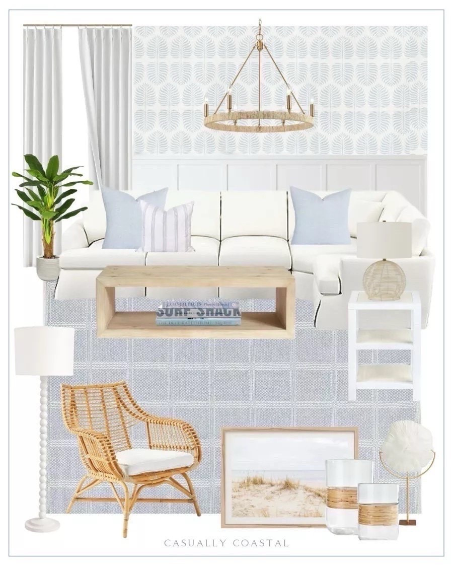 Coastal Living Room Design! 🌴 Several pieces are currently on sale! 
- 
Coastal living room, coastal family room, coastal home, coastal style, coastal home decor, coastal interiors, coastal decorations, pottery barn coffee table, coastal coffee table, coastal chairs, coastal lighting, coastal couch, neutral home decor, neutral couch, neutral end table, coastal end table, beach house, beach home decor, beach style, coral sculpture, woven rattan and glass hurricane candleholder, coastal candleholder, coastal pillows, summer pillows, striped pillows, blue pillow, Etsy pillows, Amazon faux plant; artificial banana tree, coastal faux plants, 2 shelf side table, living room side tables, living room end tables, coastal side table, wayfair table, rattan table lamp, coastal table lamp, Amazon lamp, chandelier, coastal chandelier, wood ball floor lamp, coastal floor lamp, rectangular coffee table, coastal wall art, coastal wall decor, beach print, Etsy art, pleated full blackout curtains, Amazon curtains, Amazon drapes, neutral curtains, rattan chair, peel and stick wallpaper, coastal wallpaper, coastal rug, blue and white rug, 5x7 rug, 9x12 rugs, 8x10 rugs, accent rug, living room rug, slipcovered sectional, white sectional, living room ideas, living room furniture, beach house living room

#LTKSaleAlert #LTKHome #LTKFindsUnder100