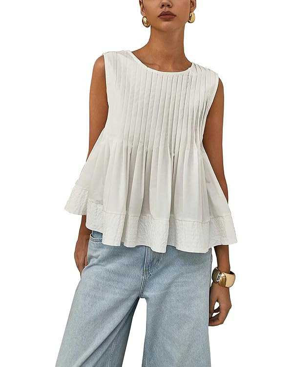 Womens Summer Pleated Peplum Sleeveless Blouse Tank Tops Round Neck Y2K Babydoll Blouse Shirt | Amazon (US)