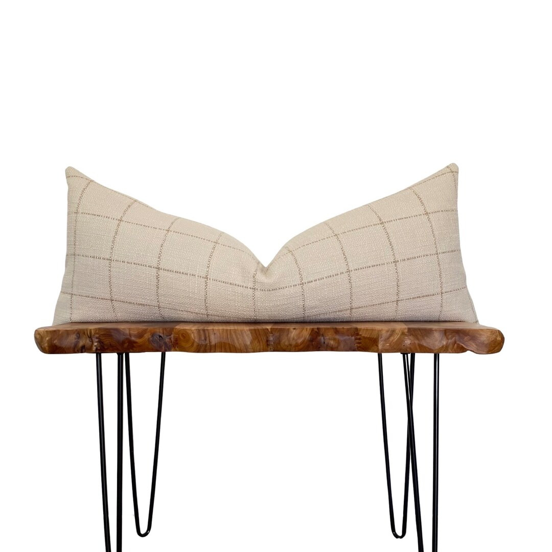 Long Lumbar Cream and Light Brown Window Pane Pillow Cover, Cover Only, Double Sided - Etsy | Etsy (US)