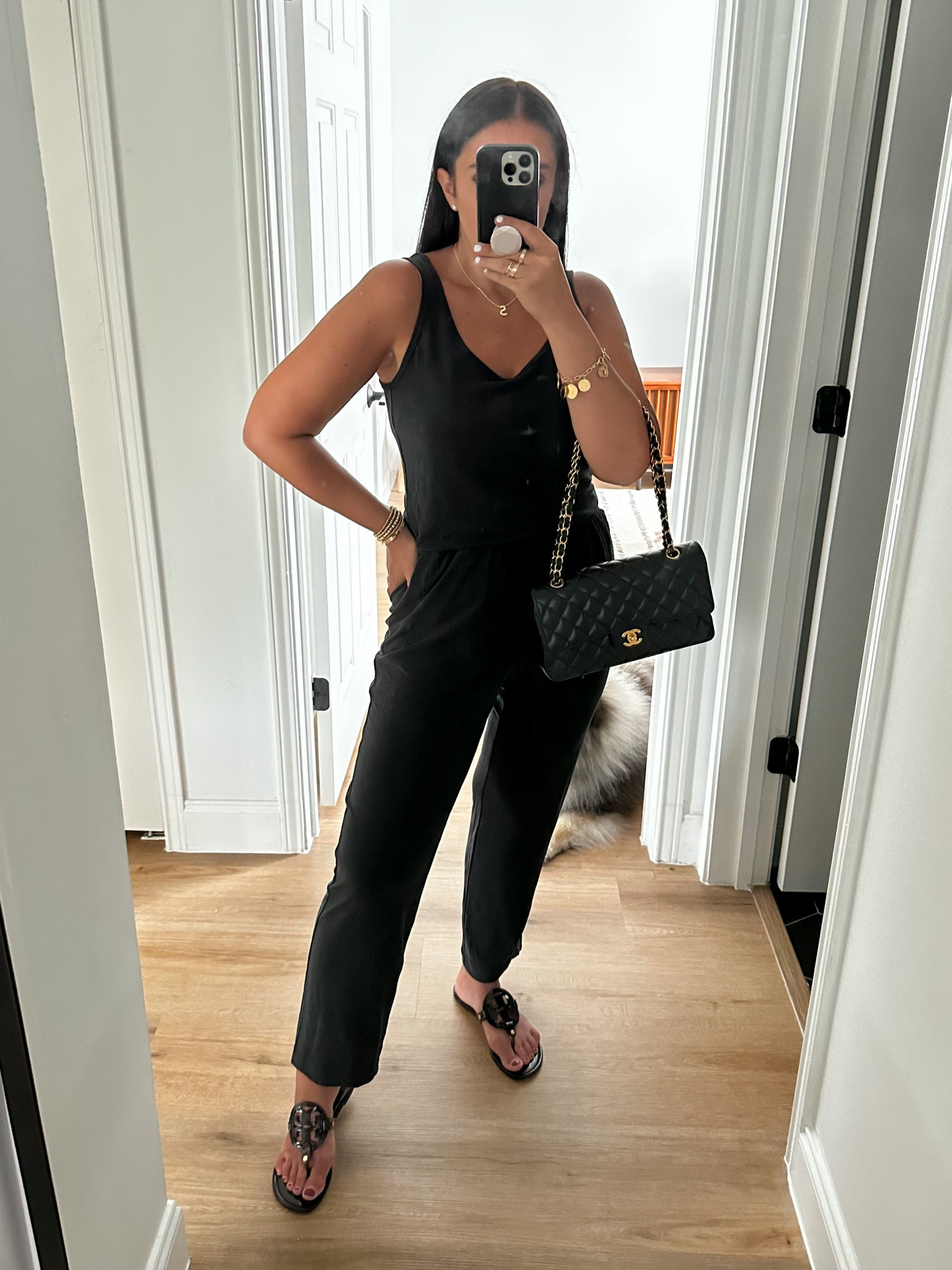 Red Dress Play My Cards Black Jumpsuit wearing size small. Letter S Pendant Necklace in Gold. Tory Burch Miller leather sandals 