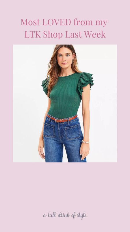 I am loving this rib knit green Loft top with the ruffle sleeve.
This color is going to be really poppy in the fall and I this too will be a perfect transition piece.

timeless classic outfits, timeless classic style, classic fashion, smart casual, outfit ideas, OOTD, OOTD ideas, outfit inspo, ootd ideas, ootd details, outfit posts, ootd inspiration, fashion over 50, over 50 stylish outfits, fashion over fifty, midlife style, style at any age, tall fashion, tall girl outfits, tall style, tall women clothing, tall style, neutral style, easy outfit, closet basics, closet staples, casual outfit, everyday looks, everyday outfit, casual style, simple style, jeans, workwear, teacher outfit, fall fashion, fall outfit idea, fall style

#LTKover40 #LTKstyletip #LTKunder50