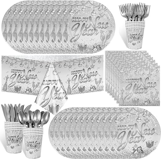 HOWAF 97pcs Silver New Years Decorations Party Tableware Set, Serves 12, New Years Plates and Nap... | Amazon (US)